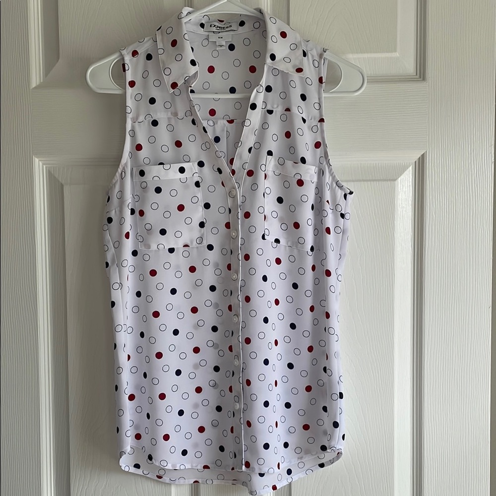 Express Red, White and Blue Polka Dot Sleeveless Blouse